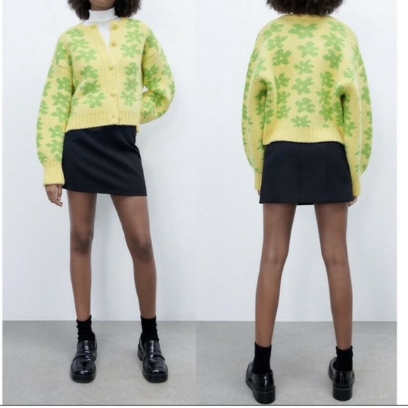 🔖 S ZARA Floral Jacquard Knit Retro Pop Flower Chunky Knit Cardigan Yellow - Picture 5 of 13